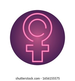 female gender symbol over white background, neon style icon, vector illustration