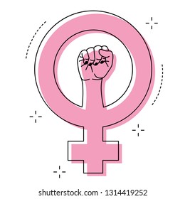 Female gender symbol and raised fist feminism vector icon or logo design illustration.