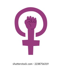 Female gender symbol with raised fist, power and solidarity flat illustration for apps and websites