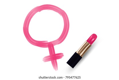 Female gender symbol write by Lipstick pink color isolated on white background, with copy space