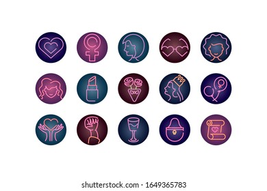 female gender and womens day icons set over white background, neon style, vector illustration