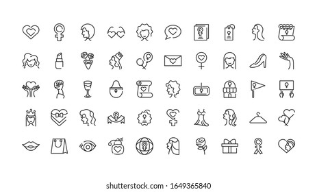 female gender and womens day icons set over white background, line style, vector illustration
