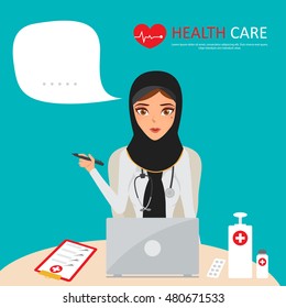 Female general practitioner. Arab doctor practitioner.