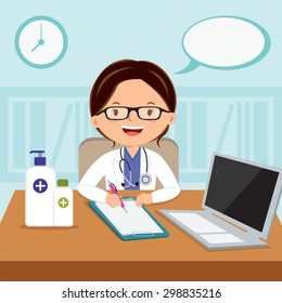 Female general practitioner. Vector illustration of a smiling doctor or family practitioner.