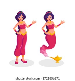 Female genie Arabian princess cartoon character vector illustration 