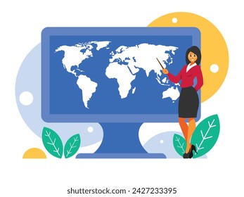 Female geography teacher. Female teacher in glasses stands with a pointer. World map on computer display. Background with monitor. Vector graphics