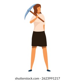 Female geologist is holding a pickaxe on her shoulder, ready to explore