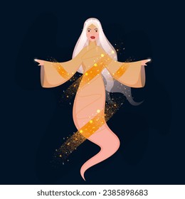 Female Ghost Character with Peach Brush Noise Effect and Lights Effect on Blue Background.