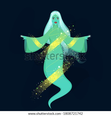 Female Ghost Character with Yellow Brush Noise Effect and Lights Effect on Blue Background.