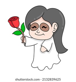 female ghost walking with a red rose, vector illustration art. doodle icon image kawaii.