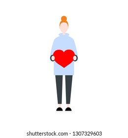 Female ginger character holding a red heart. Saint Valentines Day.