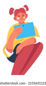 Female girl character holding modern gadget in hands watching video, studying or using device for fun. Kid with smartphone or tablet, teenager with wide screen looking at monitor. Vector in flat style