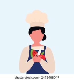 Female, girl chef character vector illustration. Female chef wearing chef uniform, hat and holding watermelon, apple, knife with plain cyan background.
