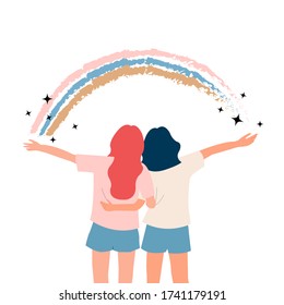 Female girl friends back hug decorated with rainbow and glitters. Flat vector illustration isolated on white background.  Print design. Happy international youth day