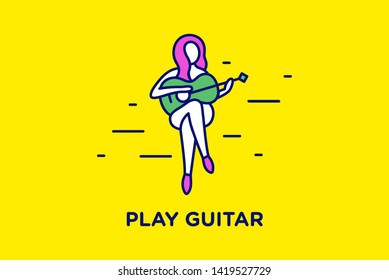 Female or girl playing guitar. Vector illustration of a cheerful girl playing guitar happily