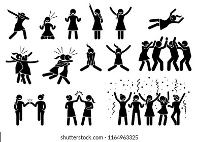 Female, girl, or woman celebration poses and gestures. Artwork shows girl celebrating by dabbing, raising hands, jumping up, hug, chest bump, high five, throwing person the air and group celebration. 