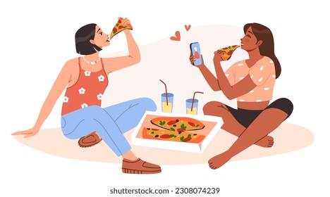 Female girlfriends eat pizza together and take pictures. Best friends. Teenage girls of different races. Cartoon flat vector illustration