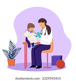 Female giving vaccination to little boy. Human clinical trials vaccination shot. Protection from pandemic outbreak. Giving vaccination for kid. Vector flat illustration in purple colors