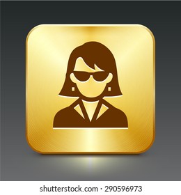 Female with Glasses on Gold Square Buttons