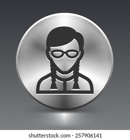 Female with Glasses on Silver Round Buttons