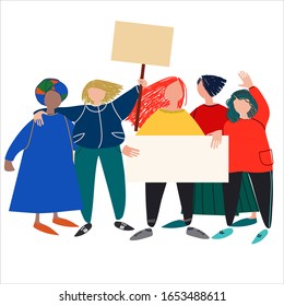 Concepto de protesta global femenina. Mujeres sosteniendo carteles, haciendo piquetes. Ilustración vectorial en estilo plano. Aislado sobre fondo blanco. Concepto de feminismo. Concepto del Día de la Mujer