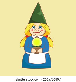 female gnome holding the lamp cartoon mascot vector illustration
