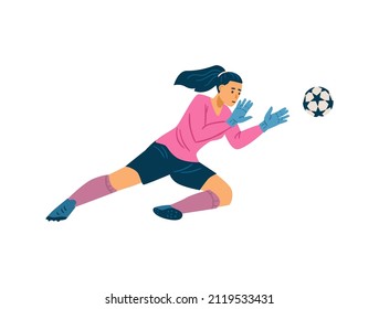 Female goalkeeper catches the ball during soccer game, flat vector illustration isolated on white background. Woman plays football. Athlete character jumps during the game.