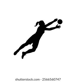 A female goalkeeper jumping to save goal vector silhouette