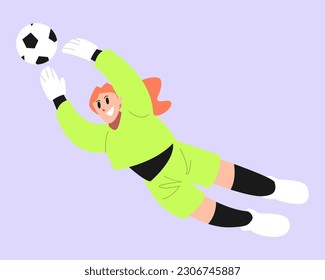 Arquera tratando de atrapar una pelota de fútbol. Usa jersey verde. Jugando fútbol, fútbol. Ilustración plana vectorial.