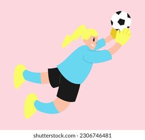 Arquera tratando de atrapar una pelota de fútbol. Usa jersey azul. Jugando fútbol, fútbol. Ilustración plana vectorial.