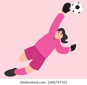 Arquera tratando de atrapar una pelota de fútbol. Jugando fútbol, fútbol. Ilustración plana vectorial.