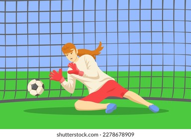 Female goalkeeper vector illustration. Professional soccer player catching ball on field during friendly match. Women's football, competition, sports, feminism concept