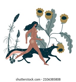 Female goddess runs with a wolf in flowers and boho style