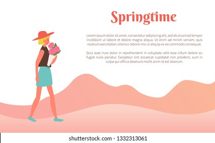 Female going with bouquet of flowers in springtime, walking woman holding flavor. Side view of person wearing skirt, t-shirt and hat, papercard vector