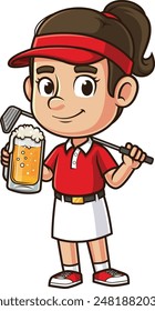 Female golf enthusiast holding beer vector illustration