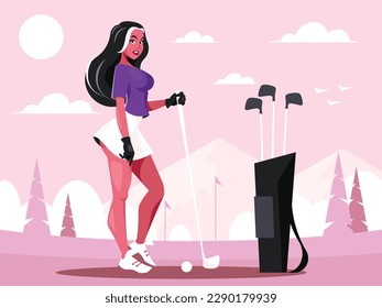 Una jugadora de golf en el campo con un club de golf. Ilustración del vector