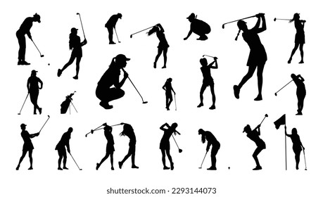 Female golf players silhouette designs for any purpose.