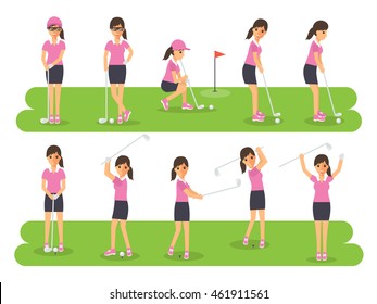 Female golf sport athletes, woman players playing, teeing off and putting with golf club. Flat design people characters.