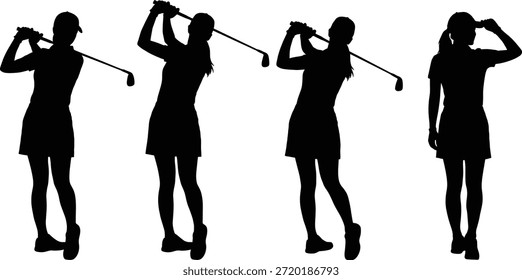 Sequência de silhueta do swing do golfe feminino, ilustração do vetor de esportes, poses de golfista preto, movimento atlético, ação do clube de golfe, postura dinâmica, atividade ao ar livre, mecânica do swing, ícone da aptidão, design editável, arte isolada