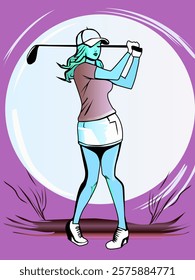 
female golfer in action.grassy field with purple background and white circle in the background. golf club and is in the middle of the swing, her body tilted slightly to the side. The style is cartoon