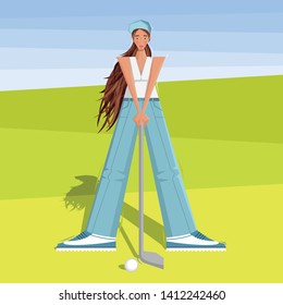 Female golfer goes golfing at the tournament. The girl plays golf. Women's golf team. Sportswoman in modern flat design.