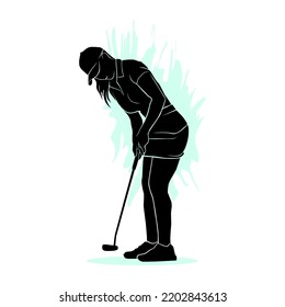 Female Golfer Hitting The Ball Isolated On A White Background. Vector Illustration