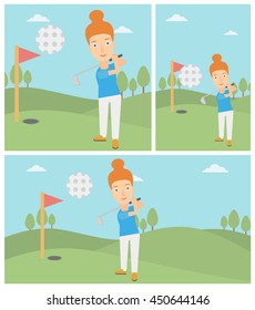 Female golfer hitting the ball. Professional female golfer on golf course. Young woman playing golf. Vector flat design illustration. Square, horizontal, vertical layouts.