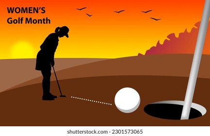 a female golfer hitting a golf ball with a golf hole and a pole against a beautiful sunset background and bold text commemorating Women's Golf Month On june