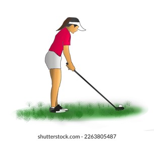 female golfer hitting her ball against a white background