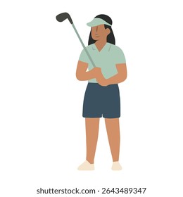 Golfista Feminino Holding Club - Visão Frontal Flat Vetor Character