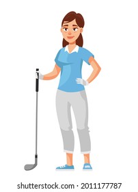 Female golfer holding club. Sportswoman in cartoon style.