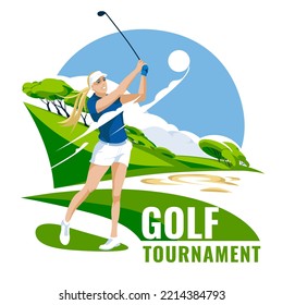 A female golfer makes a shot on a bright green golf course. Professional sports and hobbies. Championship and competition. Vector flat illustration