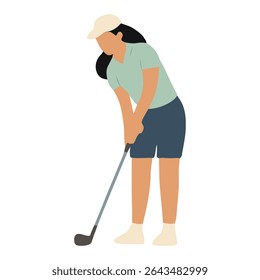 Female Golfer Putting – Flat Vector Woman in Golf Pose