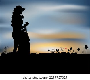 Female golfer silhouette vector illustration on evening golf course view background.